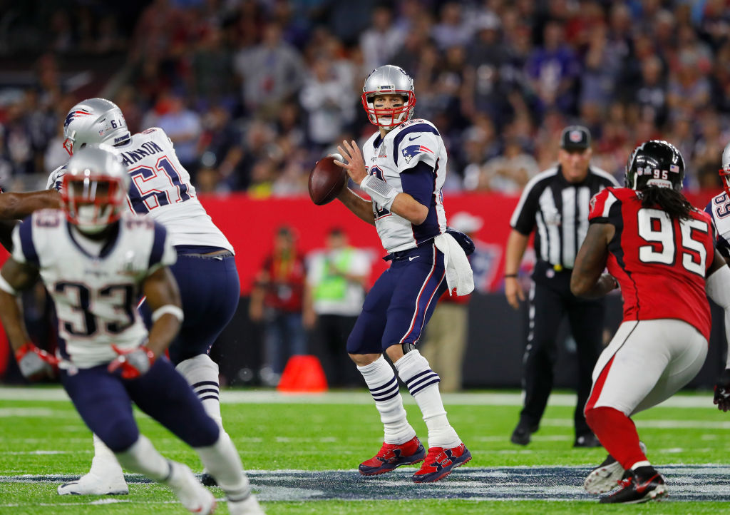 HOUSTON, TX - FEBRUARY 05: Tom Brady #12 of the New England Patriots looks for a pass during the second quarter against the Atlanta Falcons during Super Bowl 51 at NRG Stadium on February 5, 2017 in Houston, Texas.