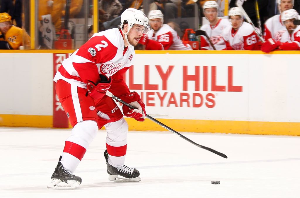NASHVILLE, TN - FEBRUARY 04: Brendan Smith #2 of the Detroit Red Wings skates against the Nashville Predators during the second period at Bridgestone Arena on February 4, 2017 in Nashville, Tennessee.