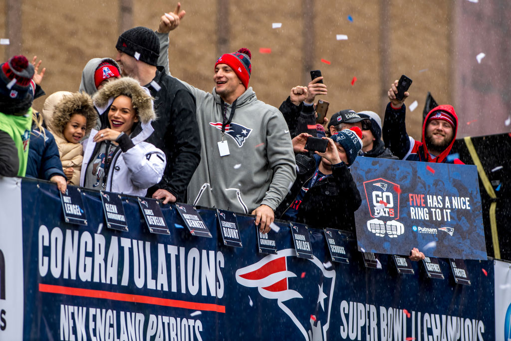 BOSTON, MA - FEBRUARY 07: Rob Gronkowski of the New England Patriots celebrates during the Super Bowl victory parade on February 7, 2017 in Boston, Massachusetts. The Patriots defeated the Atlanta Falcons 34-28 in overtime in Super Bowl 51.