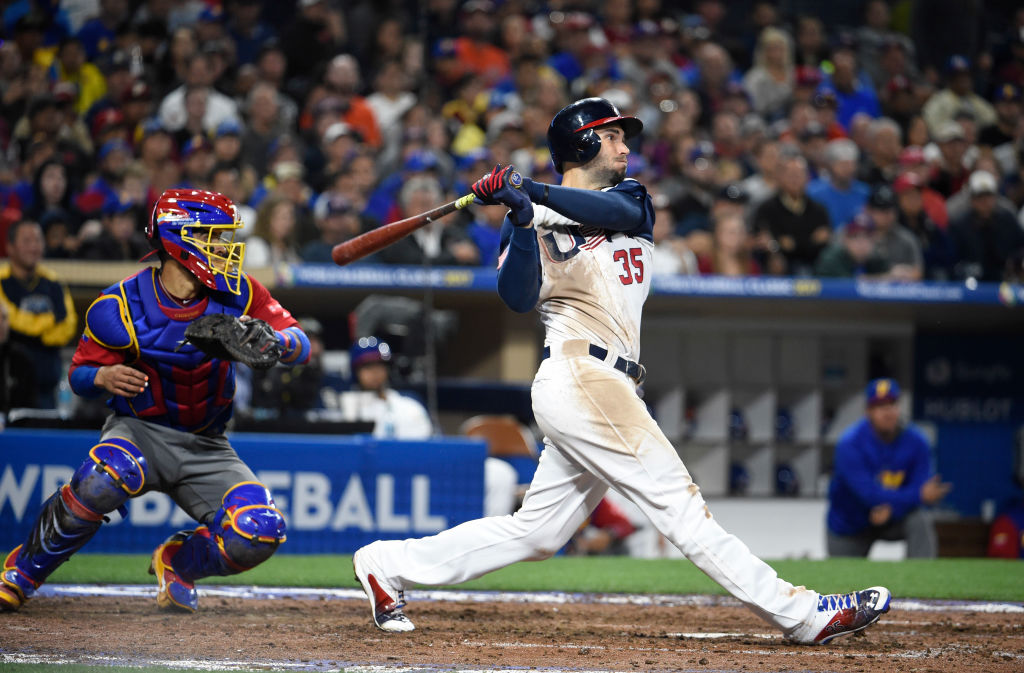 SAN DIEGO, CA - MARCH 15: Eric Hosmer #35 of the United States hits a two-run home run in eighth inning of the World Baseball Classic Pool F Game Two between Venezuela and the United States at PETCO Park on March 15, 2017 in San Diego, California.