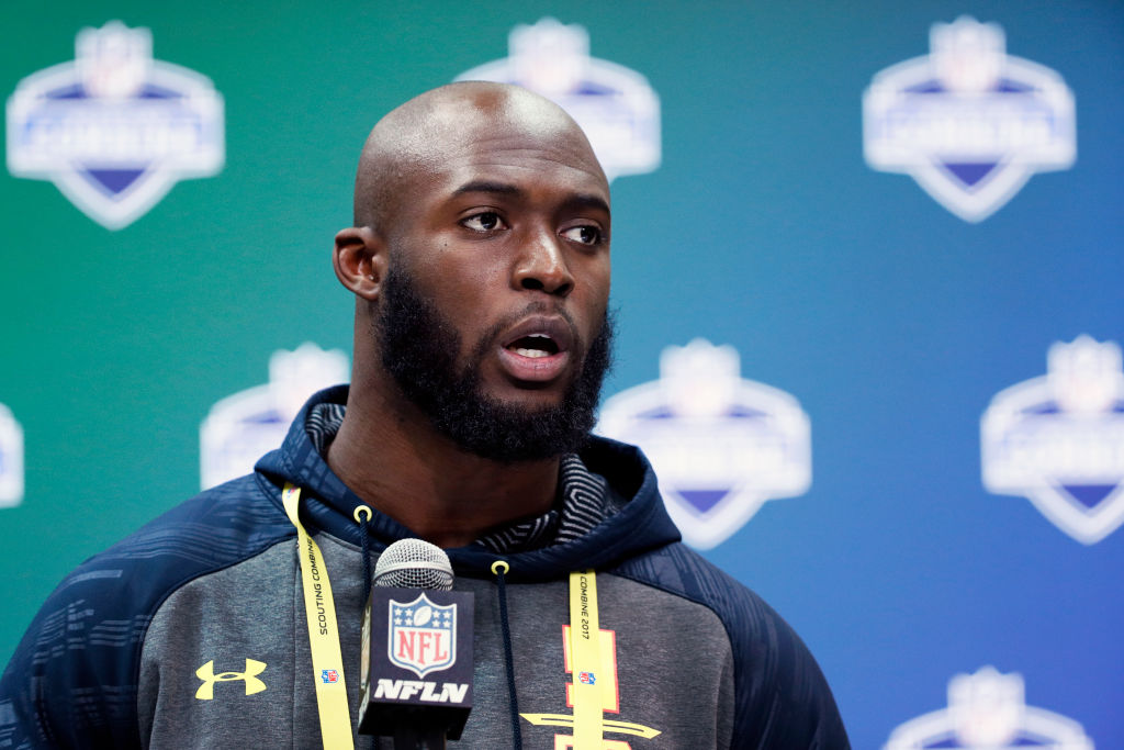 INDIANAPOLIS, IN - MARCH 02: Running back Leonard Fournette of LSU answers questions from the media on Day 2 of the NFL Combine at the Indiana Convention Center on March 2, 2017 in Indianapolis, Indiana.