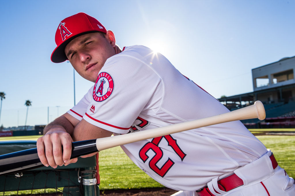 TEMPE, AZ - FEBRUARY 21: Mike Trout of the Los Angeles Angels of Anaheim poses for a portrait at Tempe Diablo Stadium on February 21, 2017 in Tempe, Arizona.