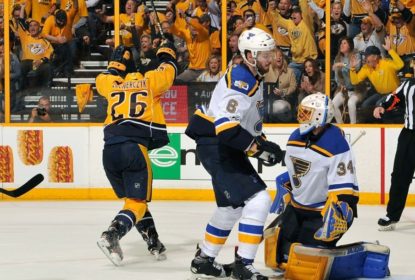 NASHVILLE, TN - APRIL 30: Harry Zolnierczyk #26 of the Nashville Predators celebrates as Joel Edmundson #6 and Jake Allen #34 of the St. Louis Blues react after a goal against the Blues during the third period in Game Three of the Western Conference Second Round during the 2017 NHL Stanley Cup Playoffs at Bridgestone Arena on April 30, 2017 in Nashville, Tennessee