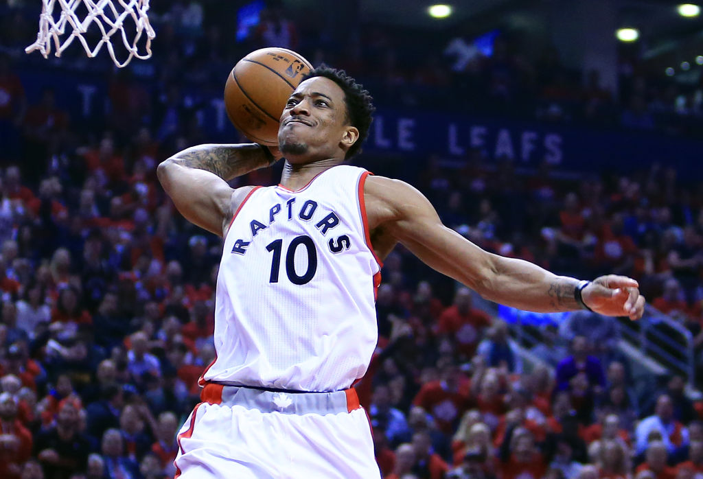 TORONTO, ON - APRIL 24: DeMar DeRozan #10 of the Toronto Raptors dunks the ball in the first half of Game Five of the Eastern Conference Quarterfinals against the Milwaukee Bucks during the 2017 NBA Playoffs at Air Canada Centre on April 24, 2017 in Toronto, Canada.