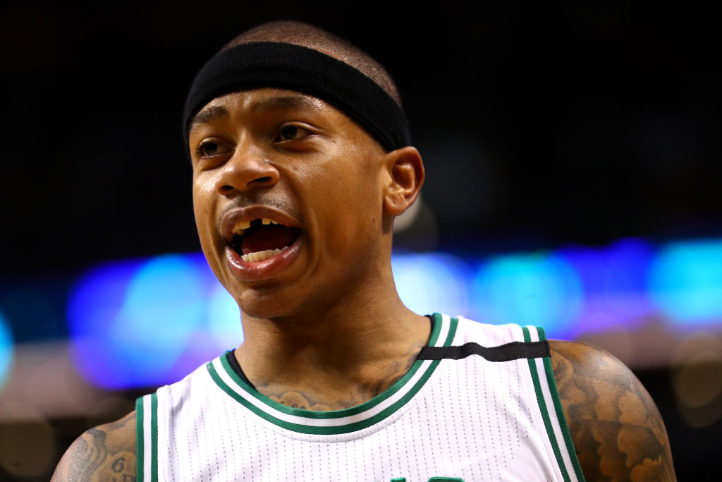 BOSTON, MA - APRIL 30: Isaiah Thomas #4 of the Boston Celtics reacts during the second quarter of Game One of the Eastern Conference Semifinals against the Washington Wizards at TD Garden on April 30, 2017 in Boston, Massachusetts. Thomas lost his front tooth after colliding with Otto Porter Jr. #22