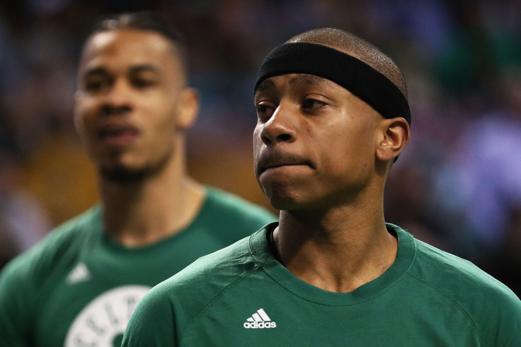 BOSTON, MA - APRIL 16: Isaiah Thomas #4 of the Boston Celtics looks on during warm ups before Game One of the Eastern Conference Quarterfinals against the Chicago Bulls at TD Garden on April 16, 2017 in Boston, Massachusetts