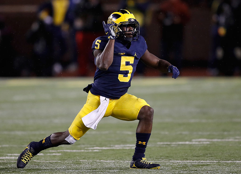 ANN ARBOR, MI - NOVEMBER 19: Jabrill Peppers #5 of the Michigan Wolverines celebrates a second half sack while playing the Indiana Hoosiers on November 19, 2016 at Michigan Stadium in Ann Arbor, Michigan.