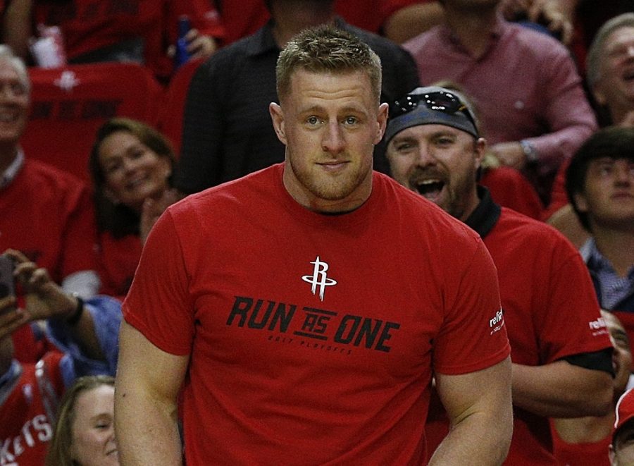 HOUSTON, TX - APRIL 16: JJ. Watt of the Houston Texans and girlfriend Kealia Ohai courtside during Game One of the first round of the Western Conference 2017 NBA Playoffs at Toyota Center on April 16, 2017 in Houston, Texas.