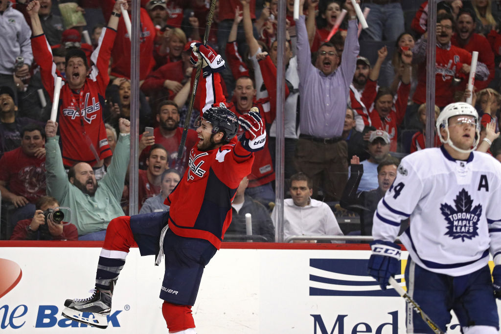 WASHINGTON, DC - APRIL 13: Tom Wilson #43 of the Washington Capitals celebrates after scoring the game-winning goal against the Toronto Maple Leafs in overtime in Game One of the Eastern Conference First Round during the 2017 NHL Stanley Cup Playoffs at Verizon Center on April 13, 2017 in Washington, DC. The Washington Capitals won, 3-2, in overtime.