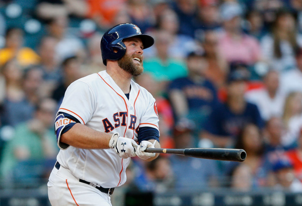 HOUSTON, TX - APRIL 08: Brian McCann #16 of the Houston Astros hits a home run in the third inning against the Kansas City Royals at Minute Maid Park on April 8, 2017 in Houston, Texas
