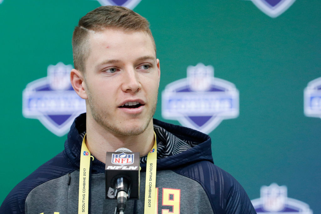 INDIANAPOLIS, IN - MARCH 02: Running back Christian McCaffrey of Stanford answers questions from the media on Day 2 of the NFL Combine at the Indiana Convention Center on March 2, 2017 in Indianapolis, Indiana