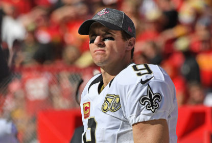 KANSAS CITY, MO - OCTOBER 23: Quarterback Drew Brees #9 of the New Orleans Saints looks on from the sidelines against the Kansas City Chiefs during the second half on October 23, 2016 at Arrowhead Stadium in Kansas City, Missouri