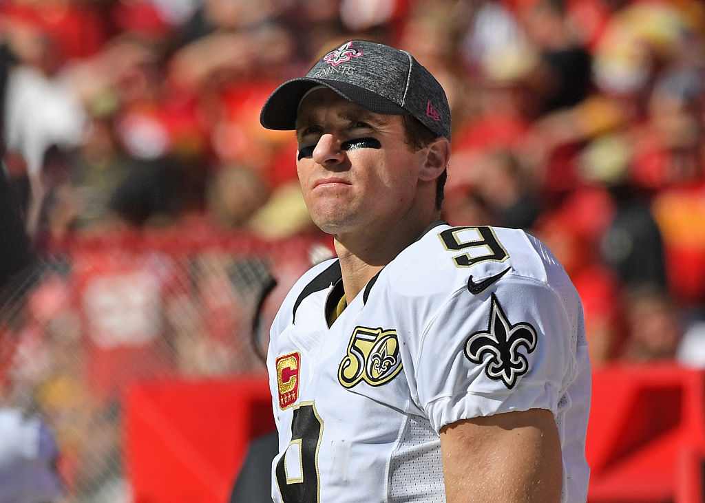 KANSAS CITY, MO - OCTOBER 23: Quarterback Drew Brees #9 of the New Orleans Saints looks on from the sidelines against the Kansas City Chiefs during the second half on October 23, 2016 at Arrowhead Stadium in Kansas City, Missouri