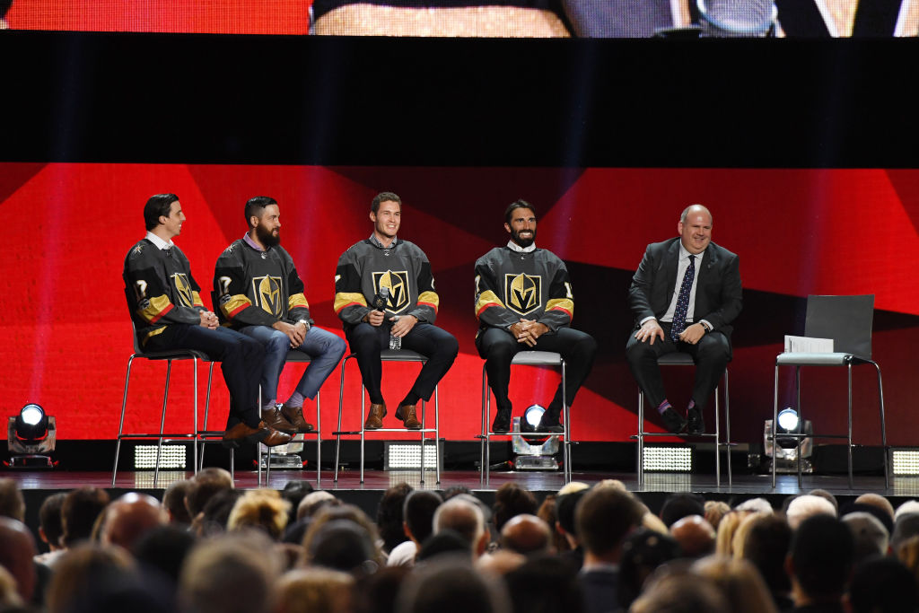 LAS VEGAS, NV - JUNE 21: The newest members of the Las Vegas Golden Knights address the crowd during the 2017 NHL Expansion Draft Roundtable at T-Mobile Arena on June 21, 2017 in Las Vegas, Nevada.