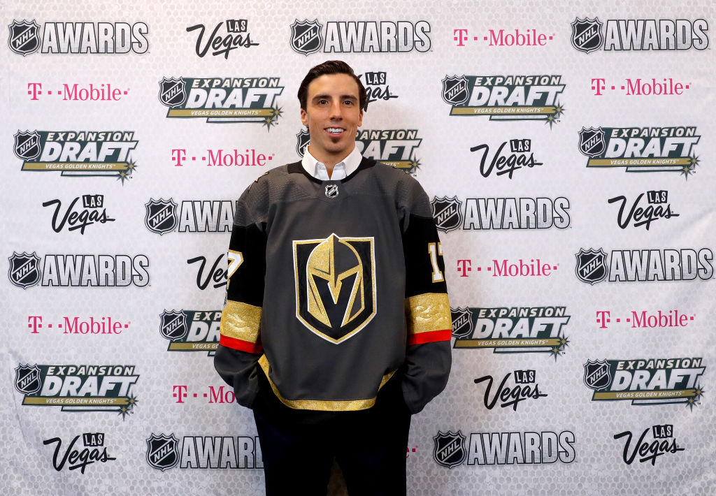 LAS VEGAS, NV - JUNE 21: Goaltender Marc-Andre Fleury poses in the press room after Fleury is taken by the Vegas Golden Knights in the expansion draft during the 2017 NHL Awards and Expansion Draft at T-Mobile Arena on June 21, 2017 in Las Vegas, Nevada.
