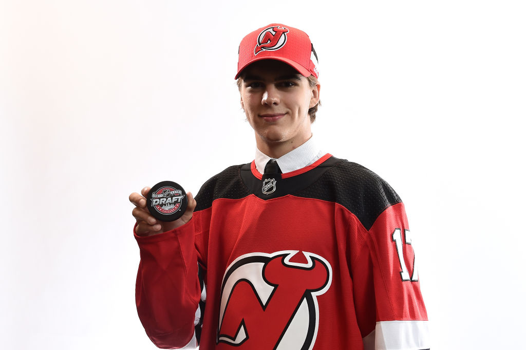 CHICAGO, IL - JUNE 23: Nico Hischier poses for a portrait after being selected first overall by the New Jersey Devils during the 2017 NHL Draft at the United Center on June 23, 2017 in Chicago, Illinois.