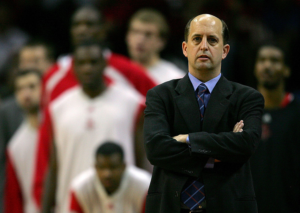 HOUSTON - APRIL 23: Coach Jeff Van Gundy of the Houston Rockets on the sidelines while playing the Utah Jazz during Game Two of the Western Conference Quarterfinals against the Utah Jazz during the 2007 NBA Playoffs at the Toyota Center on April 23, 2007 in Houston, Texas