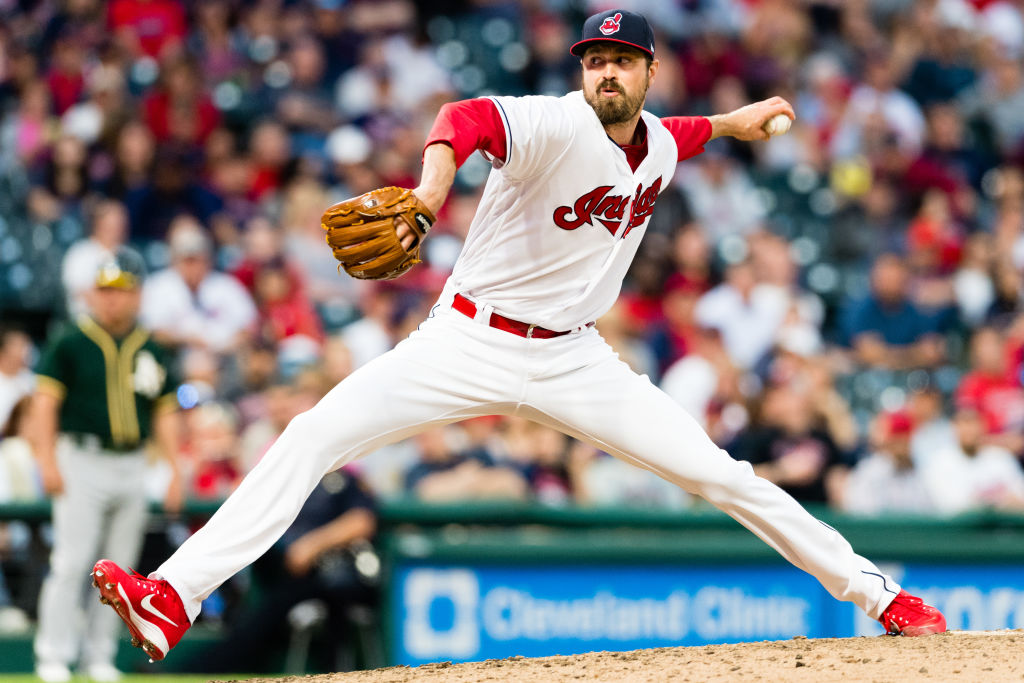 CLEVELAND, OH - MAY 30: Andrew Miller #24 of the Cleveland Indians pitches during the eighth inning against the Oakland Athletics at Progressive Field on May 30, 2017 in Cleveland, Ohio.