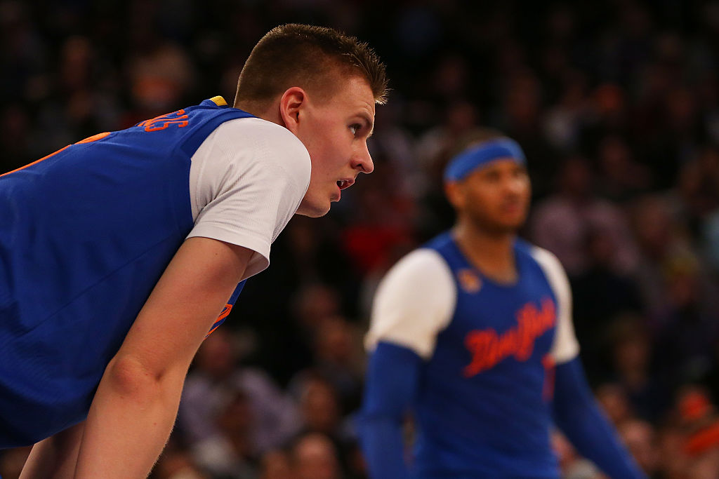 NEW YORK, NY - DECEMBER 25: Kristaps Porzingis #6 of the New York Knicks looks on against the Boston Celtics at Madison Square Garden on December 25, 2016 in New York City. NOTE TO USER: User expressly acknowledges and agrees that, by downloading and or using this photograph, User is consenting to the terms and conditions of the Getty Images License Agreement.