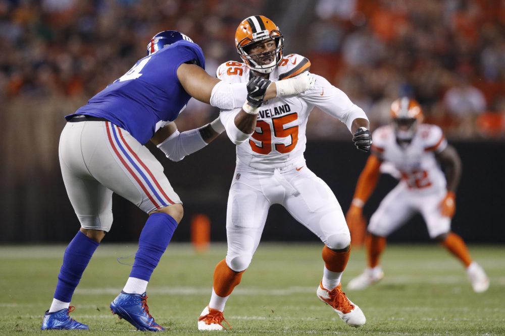 CLEVELAND, OH - AUGUST 21: Myles Garrett #95 of the Cleveland Browns tries to get past a block by Ereck Flowers #74 of the New York Giants in the first half of a preseason game at FirstEnergy Stadium on August 21, 2017 in Cleveland, Ohio. 