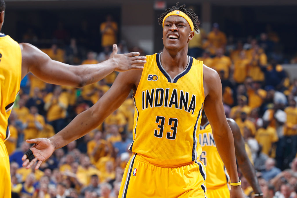 INDIANAPOLIS, IN - APRIL 20: Myles Turner #33 of the Indiana Pacers reacts in the second quarter of Game Three of the Eastern Conference Quarterfinals during the 2017 NBA Playoffs against the Cleveland Cavaliers at Bankers Life Fieldhouse on April 20, 2017 in Indianapolis, Indiana.