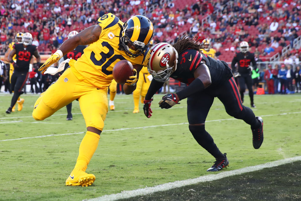 SANTA CLARA, CA - SEPTEMBER 21: Todd Gurley #30 of the Los Angeles Rams rushes for a touchdown against the San Francisco 49ers during their NFL game at Levi's Stadium on September 21, 2017 in Santa Clara, California.