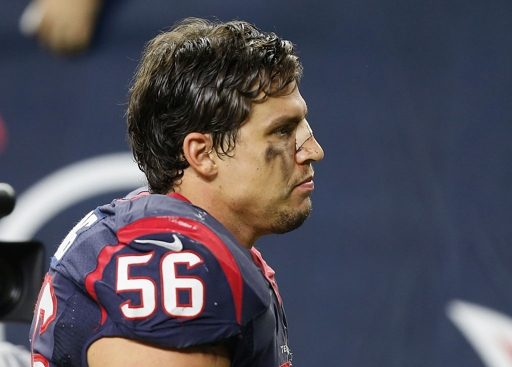HOUSTON, TX - JANUARY 09: Brian Cushing #56 of the Houston Texans leaves the field after their 30-0 loss to the Kansas City Chiefs during the AFC Wild Card Playoff game at NRG Stadium on January 9, 2016 in Houston, Texas.