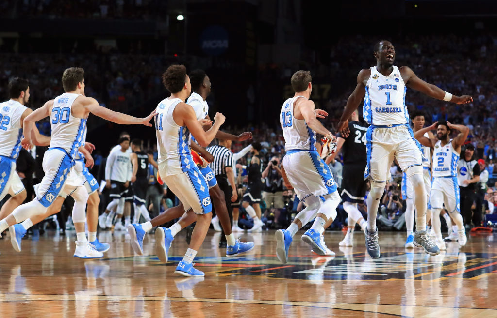 GLENDALE, AZ - APRIL 03: Theo Pinson #1 of the North Carolina Tar Heels celebrates with teammates after defeating the Gonzaga Bulldogs during the 2017 NCAA Men's Final Four National Championship game at University of Phoenix Stadium on April 3, 2017 in Glendale, Arizona. The Tar Heels defeated the Bulldogs 71-65.