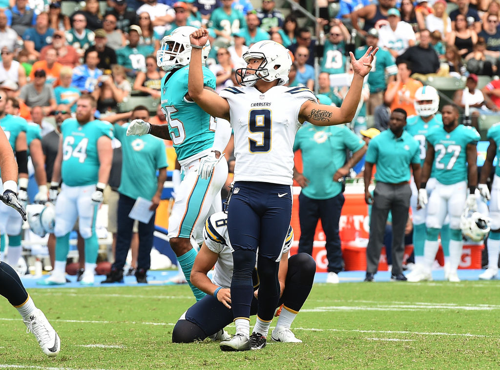 CARSON, CA - SEPTEMBER 17: Younghoe Koo #9 of the Los Angeles Chargers reacts after a field goal against Miami Dolphins during the first half of the NFL game at the StubHub Center September 17, 2017, in Carson, California.