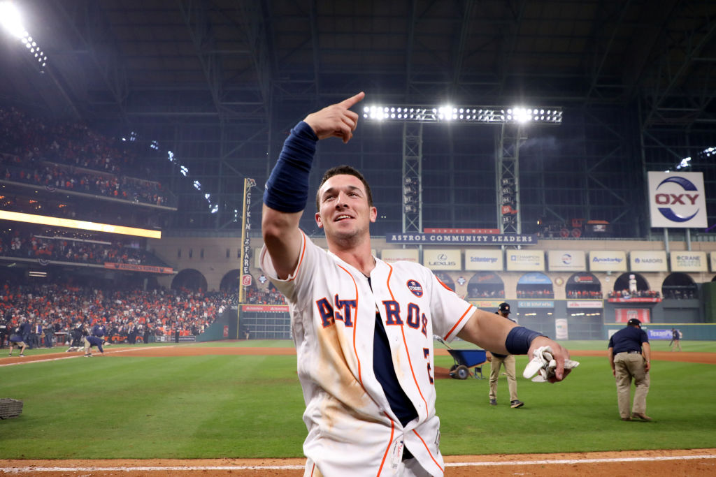HOUSTON, TX - OCTOBER 30: Alex Bregman #2 of the Houston Astros celebrates after hitting the game-winning single during the tenth inning to defeat the Los Angeles Dodgers in game five of the 2017 World Series at Minute Maid Park on October 30, 2017 in Houston, Texas. The Astros defeated the Dodgers 13-12.