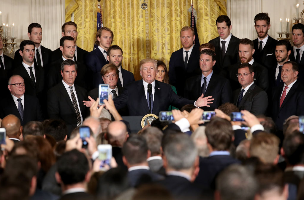 WASHINGTON, DC - OCTOBER 10: U.S. President Donald Trump speaks at an event honoring the National Hockey League champion Pittsburgh Penguins in the East Room of the White House October 10, 2017 in Washington, DC. The Penguins defeated the Nashville Predators in the 2017 NHL Finals, the fifth time the franchise has won the Stanley Cup.