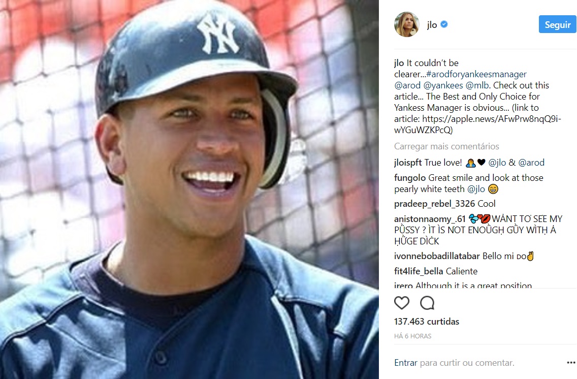 Jennifer Lopez quer Alex Rodriguez como manager dos Yankees