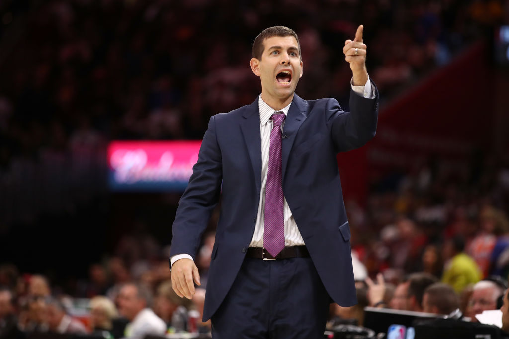 CLEVELAND, OH - OCTOBER 17: Head coach Brad Stevens of the Boston Celtics yells from the bench while playing the Cleveland Cavaliers at Quicken Loans Arena on October 17, 2017 in Cleveland, Ohio