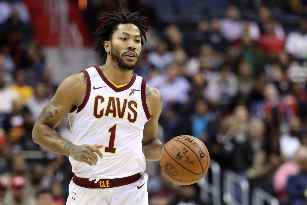 WASHINGTON, DC - NOVEMBER 3: Derrick Rose #1 of the Cleveland Cavaliers dribbles the ball against the Washington Wizards at Capital One Arena on November 3, 2017 in Washington, DC