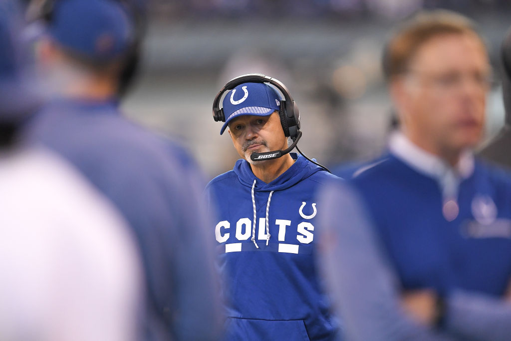 INDIANAPOLIS, IN - DECEMBER 31: Head coach Chuck Pagano of the Indianapolis Colts looks on from the sideline against the Houston Texans during the second half at Lucas Oil Stadium on December 31, 2017 in Indianapolis, Indiana.