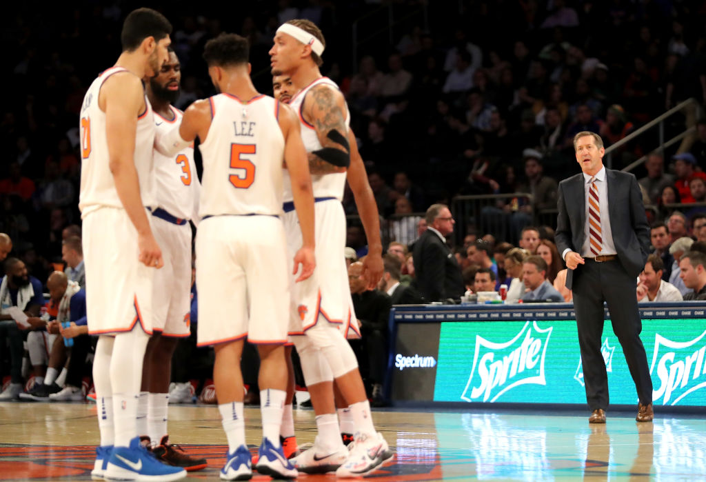 NEW YORK, NY - OCTOBER 13: Jeff Hornacek of the New York Knicks communicates to his team in the second half against the Washington Wizards during their Pre Season game at Madison Square Garden on October 13, 2017 in New York City