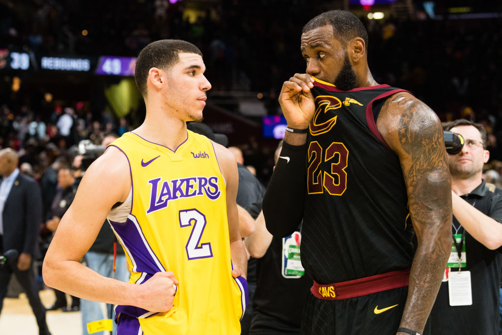 CLEVELAND, OH - DECEMBER 14: Lonzo Ball #2 of the Los Angeles Lakers listens to LeBron James #23 of the Cleveland Cavaliers during after the game at Quicken Loans Arena on December 14, 2017 in Cleveland, Ohio. The Cavaliers defeated the Lakers 121-112