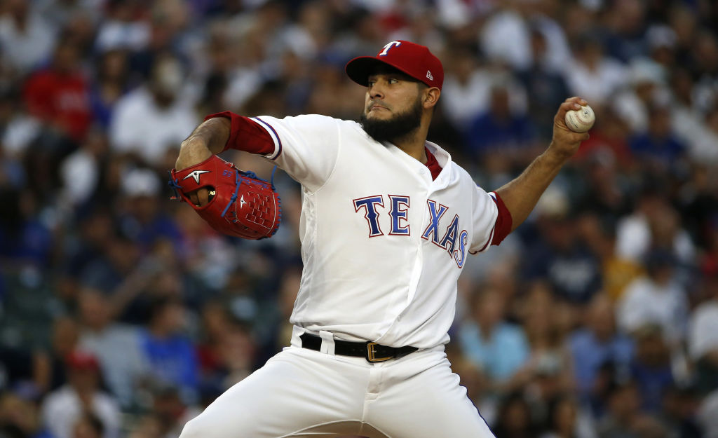 ARLINGTON, TX - SEPTEMBER 8: Martin Perez #33 of the Texas Rangers pitches against the New York Yankees during the second inning at Globe Life Park in Arlington on September 8, 2017 in Arlington, Texas.