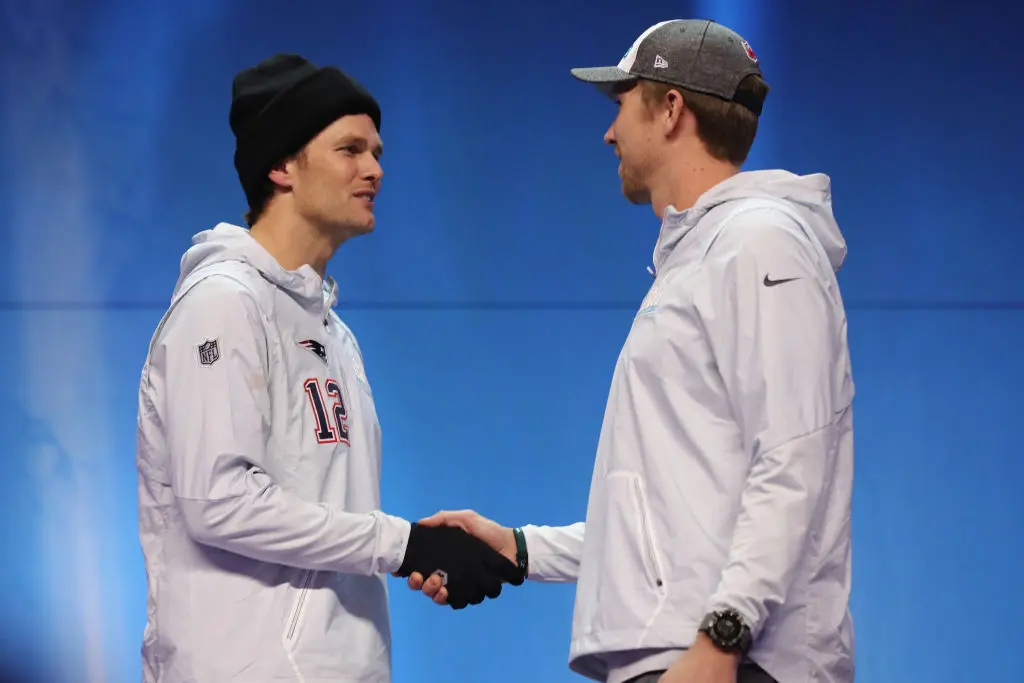 Tom Brady e Nick Foles antes do Super Bowl LII