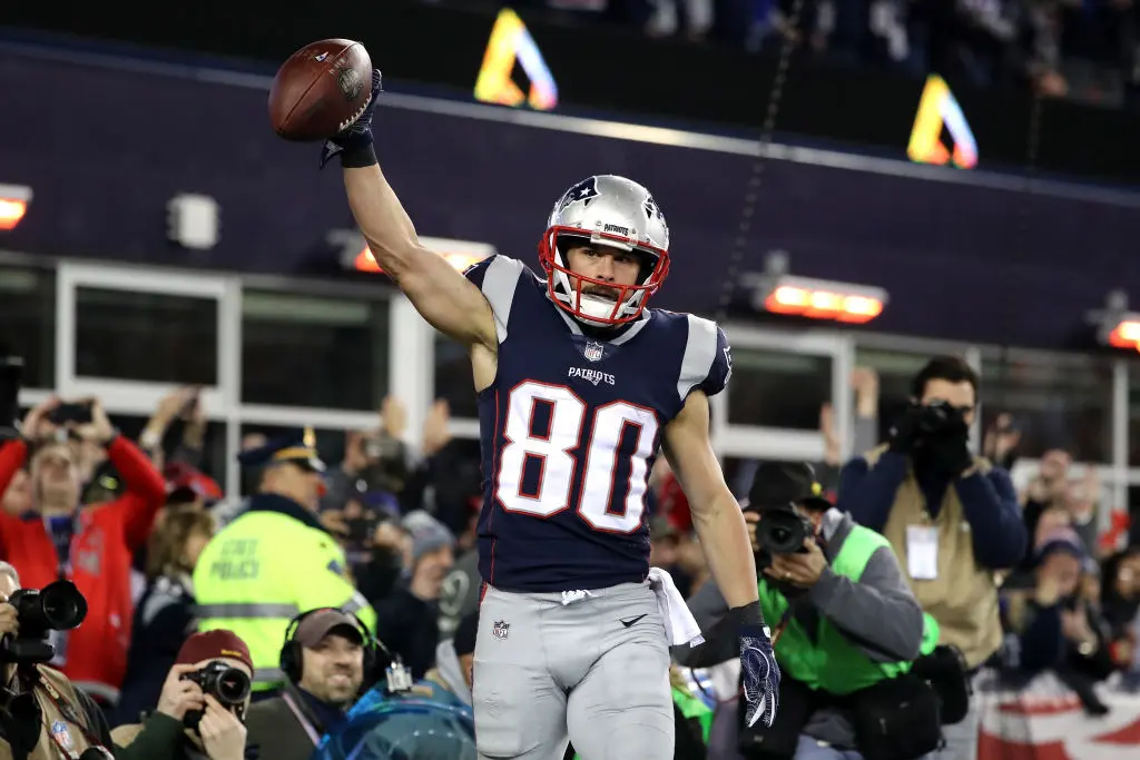 FOXBOROUGH, MA - JANUARY 21: Danny Amendola #80 of the New England Patriots reacts in the fourth quarter after a touchdown catch during the AFC Championship Game against the Jacksonville Jaguars at Gillette Stadium on January 21, 2018 in Foxborough, Massachusetts.