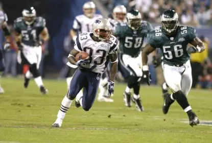 New England Patriots Deion Branch #83 runs with the ball during Super Bowl XXXIX between the Philadelphia Eagles and the New England Patriots at Alltel Stadium in Jacksonville, Florida on February 6, 2005.