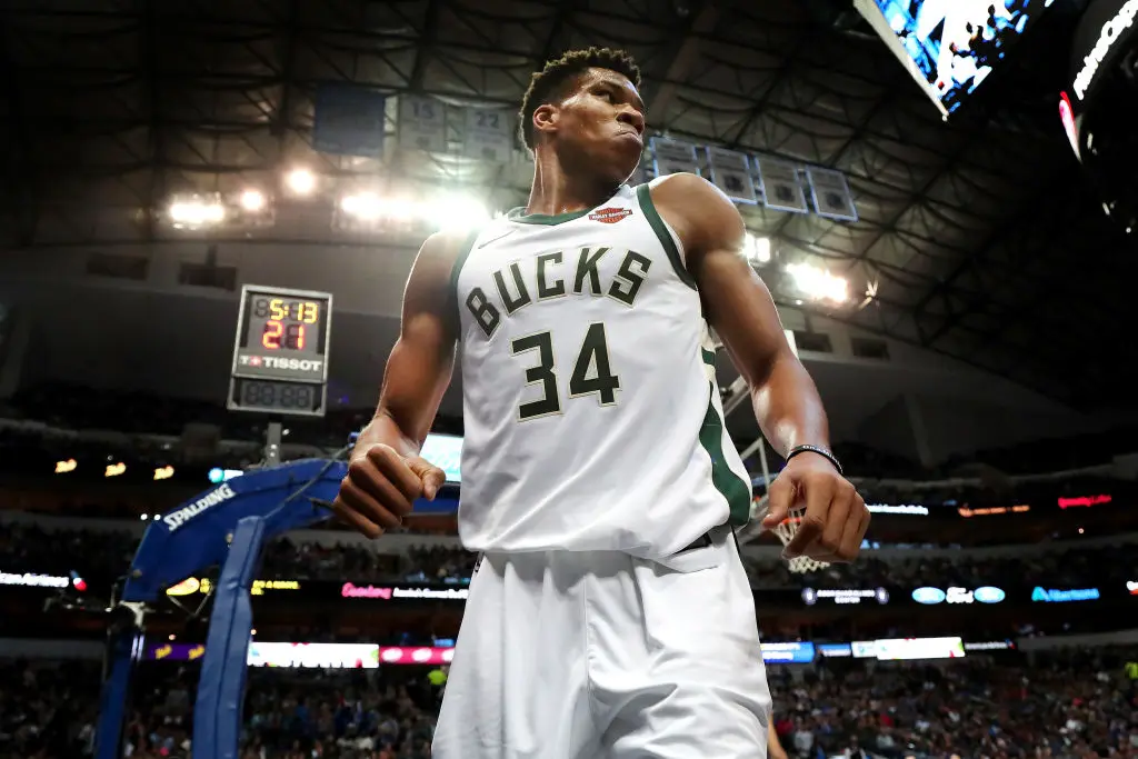 DALLAS, TX - NOVEMBER 18: Giannis Antetokounmpo #34 of the Milwaukee Bucks reacts against the Dallas Mavericks in the second half at American Airlines Center on November 18, 2017 in Dallas, Texas