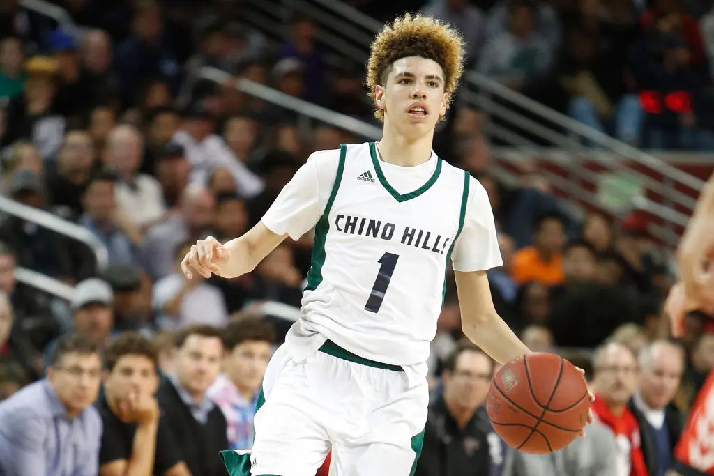 LOS ANGELES, CA - FEBRUARY 24: LaMelo Ball #1 of Chino Hills High School looks for the open pass during the game against Mater Dei High School at the Galen Center on February 24, 2017 in Los Angeles, California.