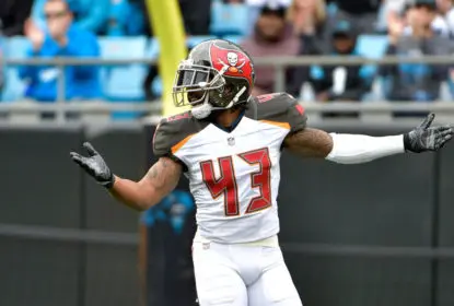 CHARLOTTE, NC - DECEMBER 24: T.J. Ward #43 of the Tampa Bay Buccaneers reacts after a play against the Carolina Panthers in the first quarter at Bank of America Stadium on December 24, 2017 in Charlotte, North Carolina.