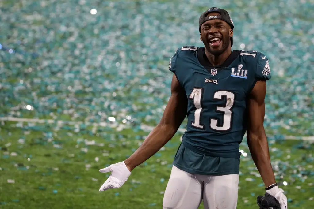 MINNEAPOLIS, MN - FEBRUARY 04: Nelson Agholor #13 of the Philadelphia Eagles celebrates winning Super Bowl LII against the New England Patriots 41-33 at U.S. Bank Stadium on February 4, 2018 in Minneapolis, Minnesota. (Photo by Jonathan Daniel/Getty Images)