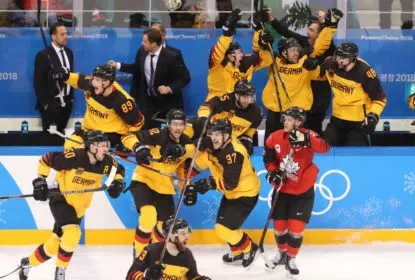 GANGNEUNG, SOUTH KOREA - FEBRUARY 23: Germany reacts after defeating Canada 4-3 during the Men's Play-offs Semifinals on day fourteen of the PyeongChang 2018 Winter Olympic Games at Gangneung Hockey Centre on February 23, 2018 in Gangneung, South Korea.