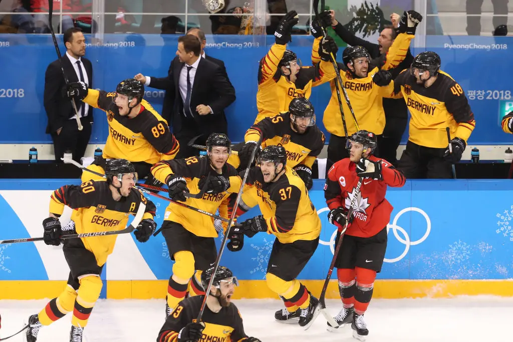 GANGNEUNG, SOUTH KOREA - FEBRUARY 23: Germany reacts after defeating Canada 4-3 during the Men's Play-offs Semifinals on day fourteen of the PyeongChang 2018 Winter Olympic Games at Gangneung Hockey Centre on February 23, 2018 in Gangneung, South Korea.