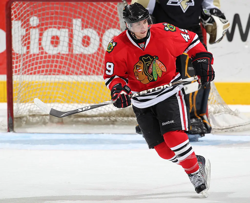 LONDON,ON - SEPTEMBER 14: Chris DiDomenico #49 of the Chicago Black Hawks skates in a game against the Pittsburgh Penguins during the NHL Rookie Tournament on September 14,2010 at the John Labatt Centre in London,Ontario. The Hawks defeated the Penguins 9-5.
