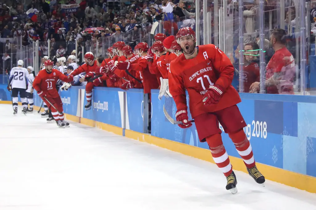 Ilya Kovalchuk #71 of Olympic Athlete from Russia celebrates after scoring a goal in the second period against the United States during the Men's Ice Hockey Preliminary Round Group B game on day eight of the PyeongChang 2018 Winter Olympic Games at Gangneung Hockey Centre on February 17, 2018 in Gangneung, South Korea.