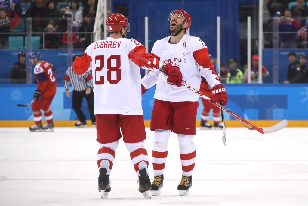 Ilya Kovalchuk #71 of Olympic Athlete from Russia celebrates with Andrei Zubarev #28 after scoring an empty net goal in the third period against Czech Republic during the Men's Play-offs Semifinals on day fourteen of the PyeongChang 2018 Winter Olympic Games at Gangneung Hockey Centre on February 23, 2018 in Gangneung, South Korea.
